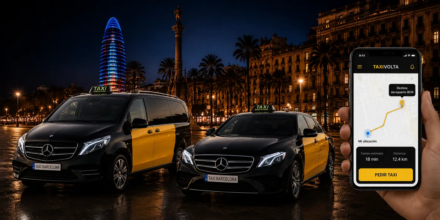 La app TaxiVolta con dos taxis oficiales de Barcelona de noche