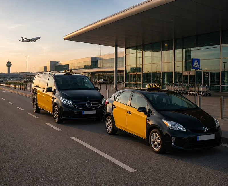 Taxis TaxiVolta esperando en la terminal T2 del Aeropuerto de Barcelona