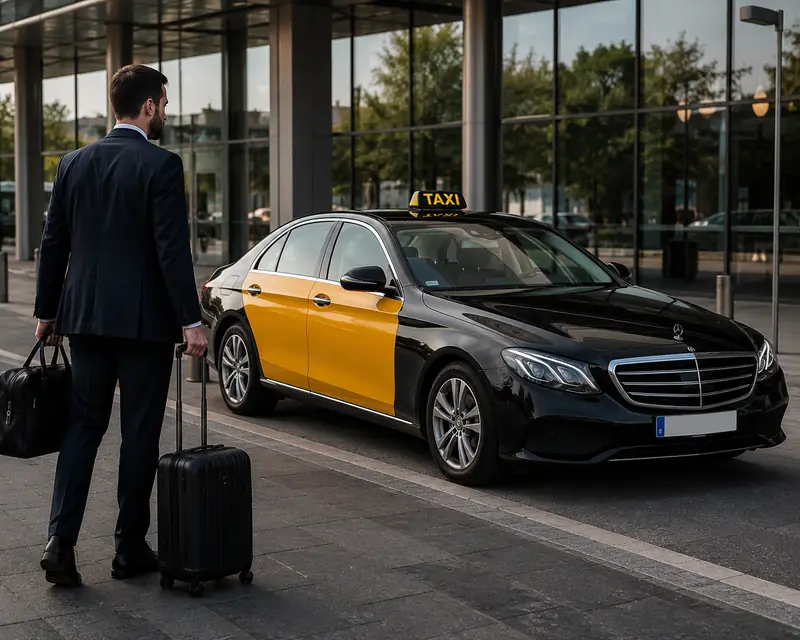 Ejecutivo con equipaje junto a un taxi Mercedes de Barcelona