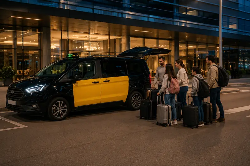 Familia con maletas subiendo a un taxi monovolumen de Barcelona