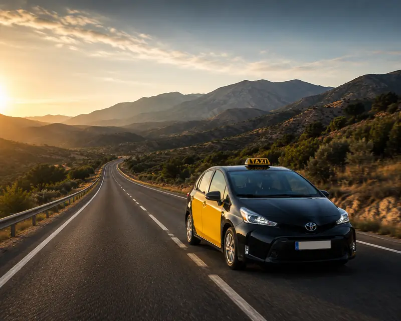 Taxi de Barcelona circulando por una carretera de montaña al atardecer