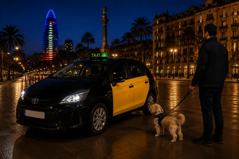 Pasajero con su perro esperando un taxi pet-friendly en Barcelona