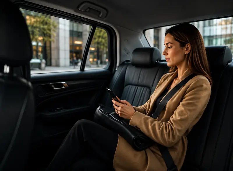 Pasajera consultando el móvil en el interior de un taxi TaxiVolta